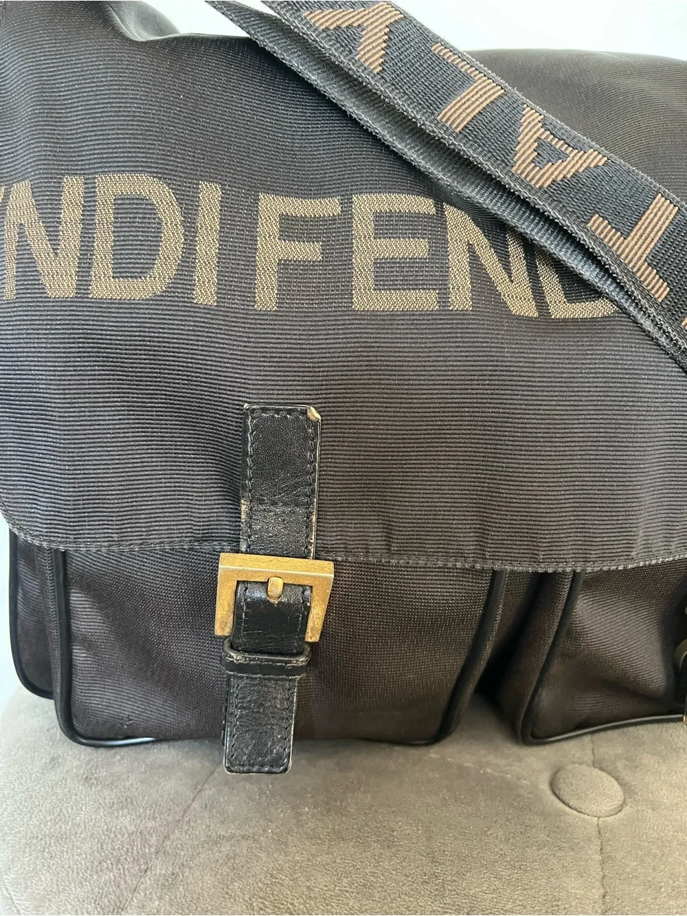Fendi Black Canvas Messenger Bag with Logo Strap